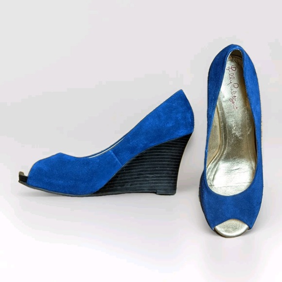 Size 8.5 M Lilly‎ Pulitzer Resort Chic Wedge Suede Heels In Bomber Blue - Picture 1 of 12